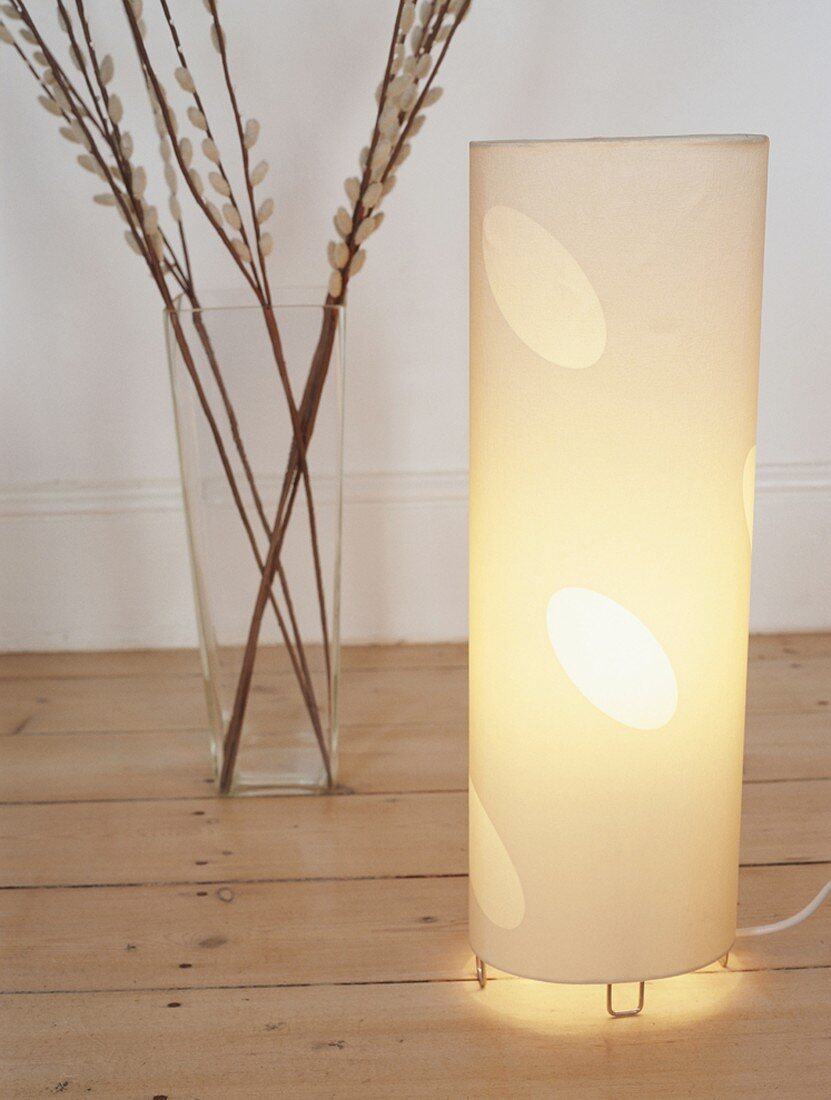 A standard lamp and a vase of pussy willow