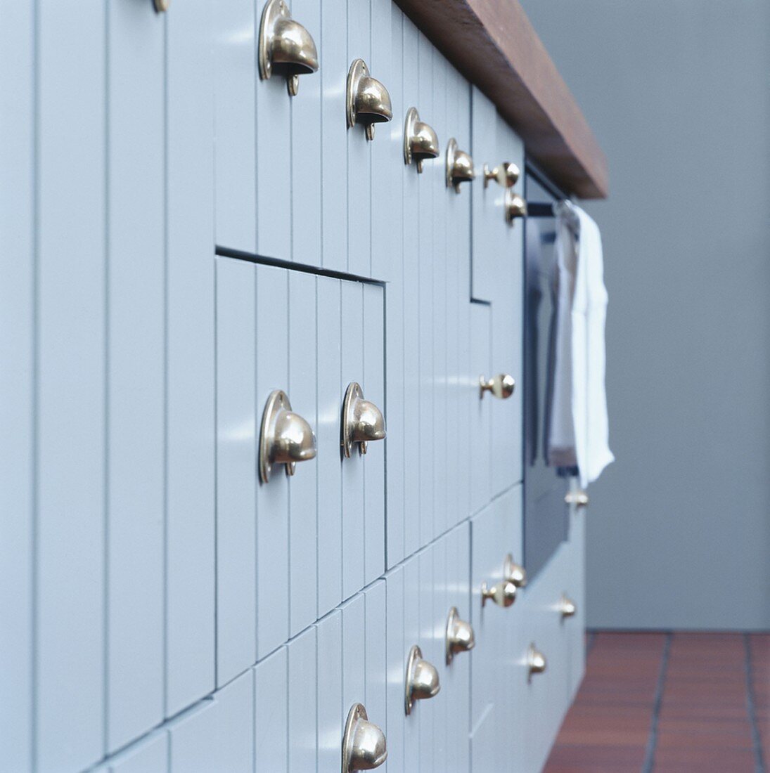 Drawers in a blue kitchen unit