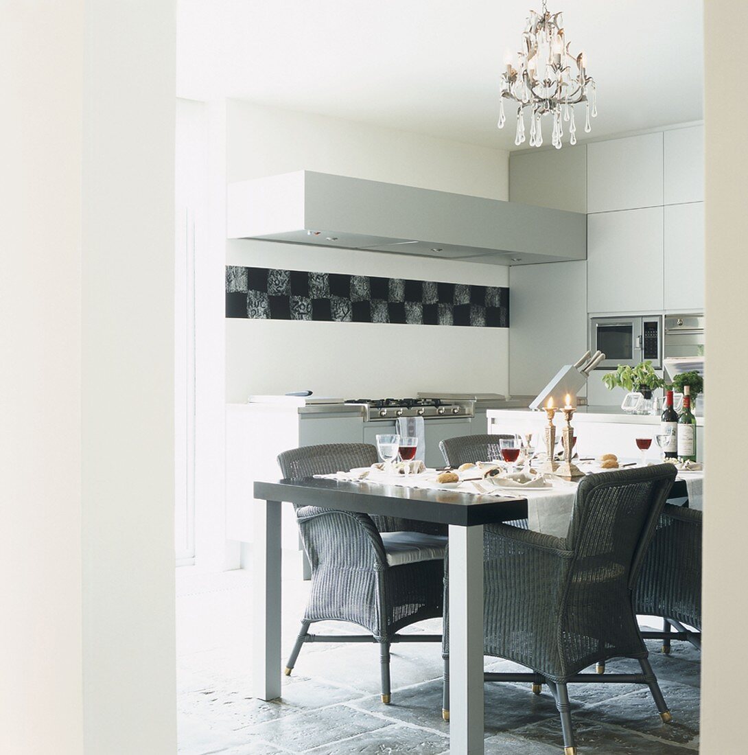 A set table in a kitchen