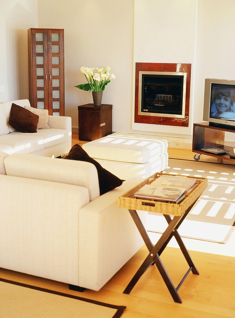 Freundliches Wohnzimmer mit geschlossenem Kamin, weisser Couchlandschaft, Fernsehgerät und einem Korb-Tabletttisch