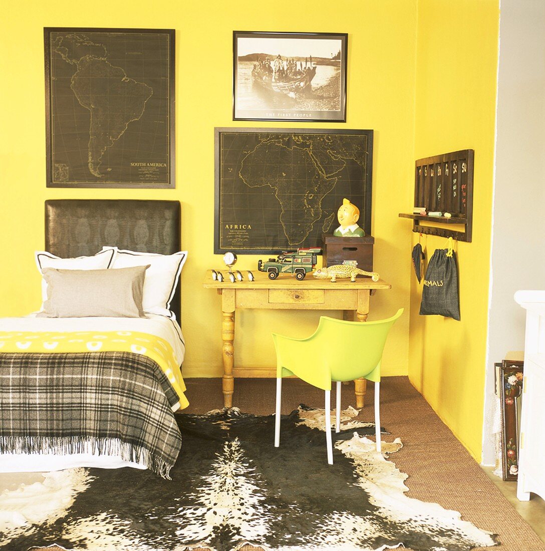 Bed in yellow bedroom