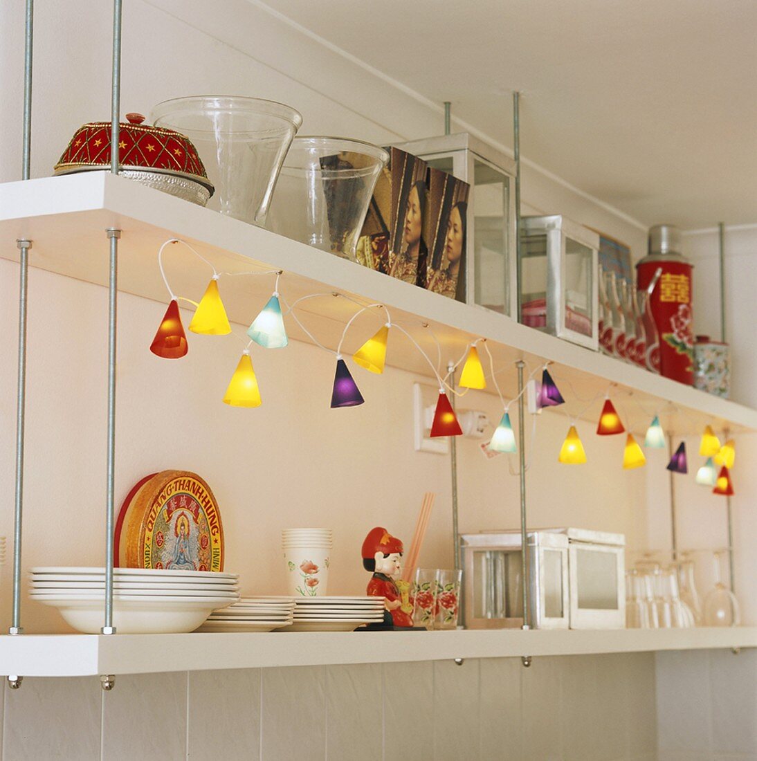 Shelving with lamps