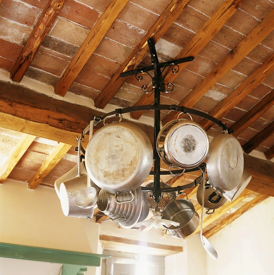 Pans hanging from ceiling