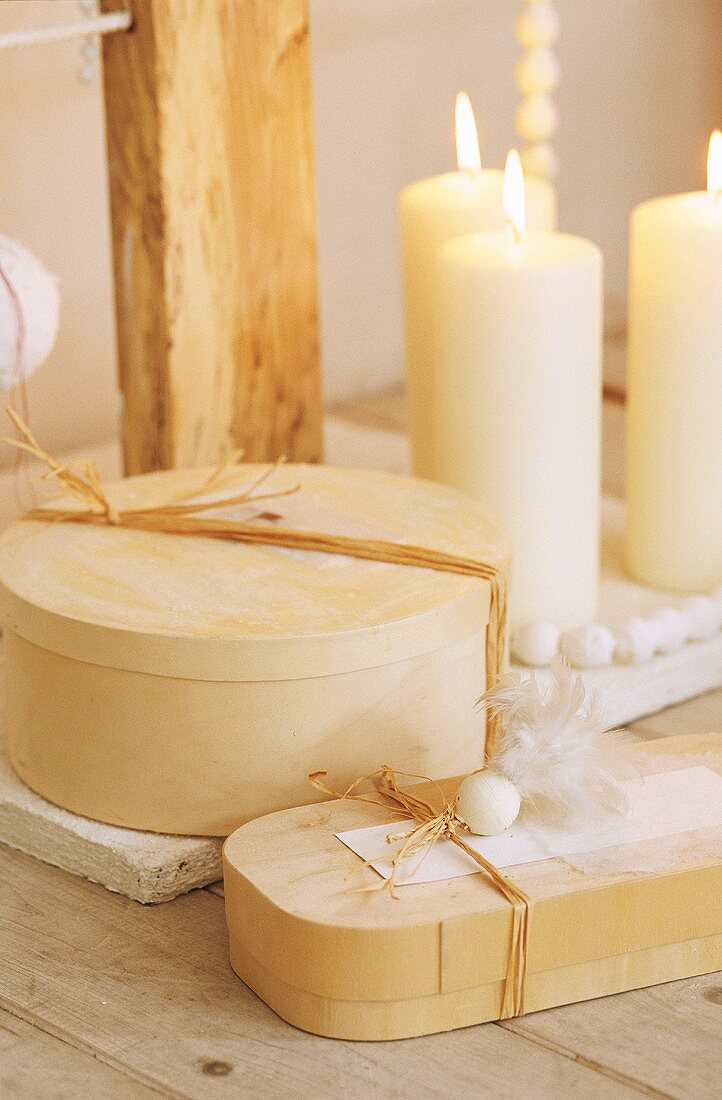 Candles and wooden boxes