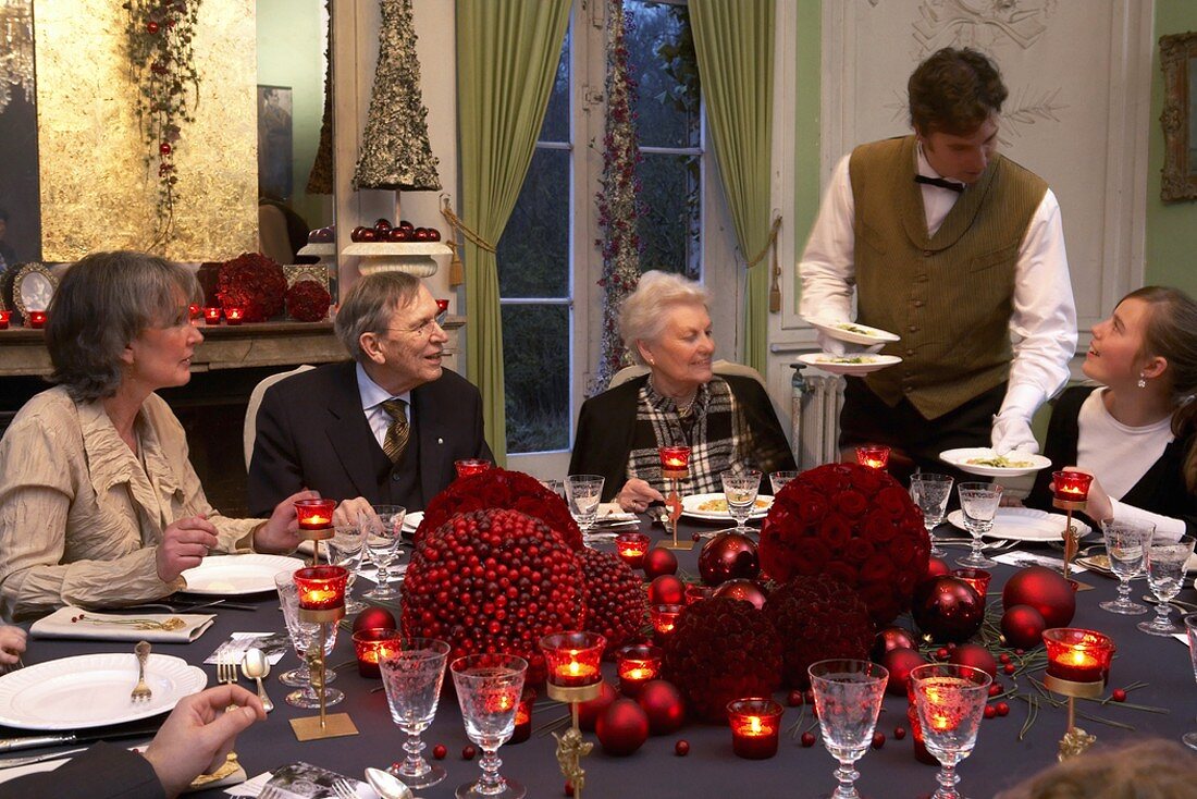 A festive family dinner in an elegant restaurant