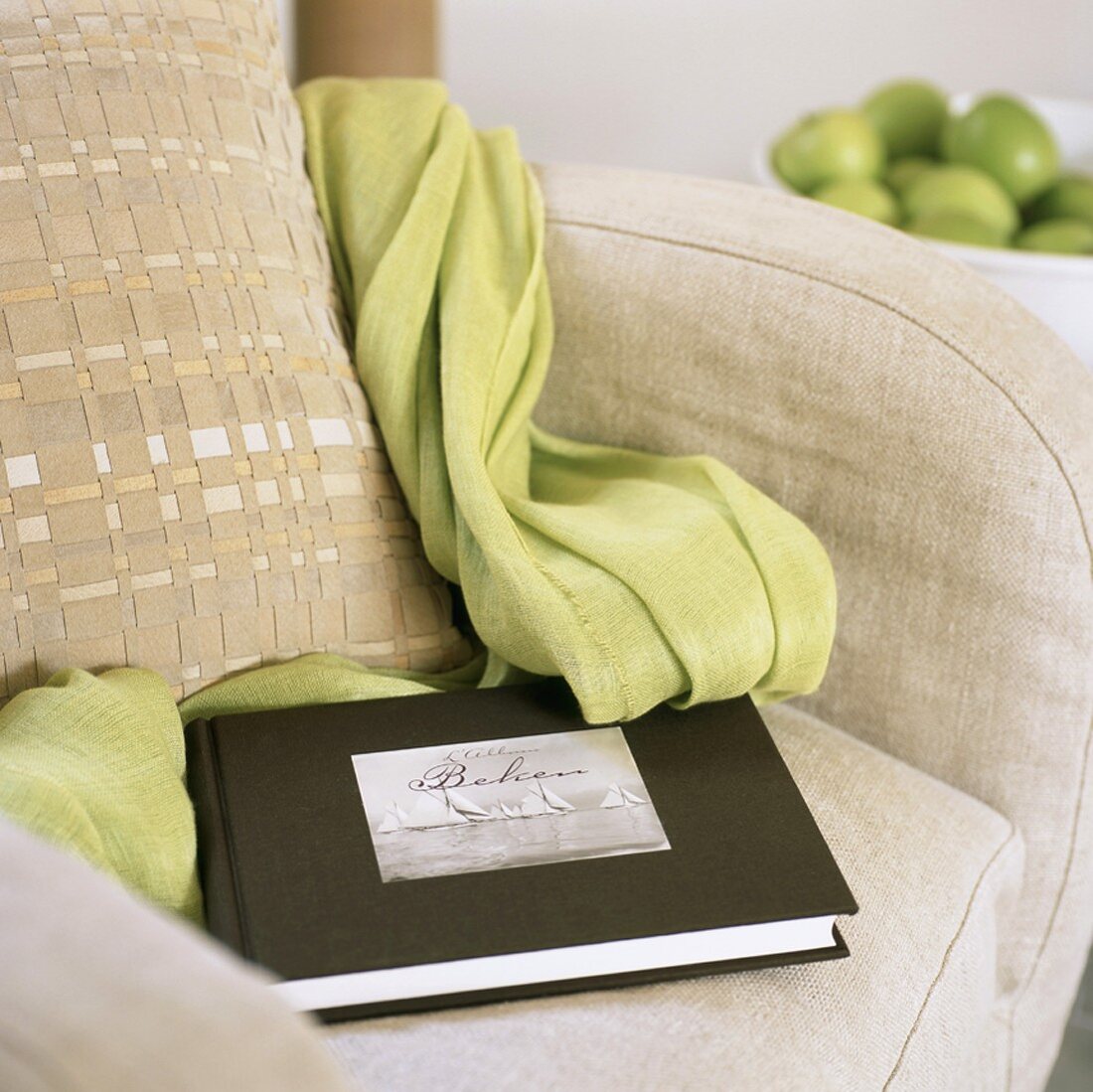 Detail of armchair draped with fabric