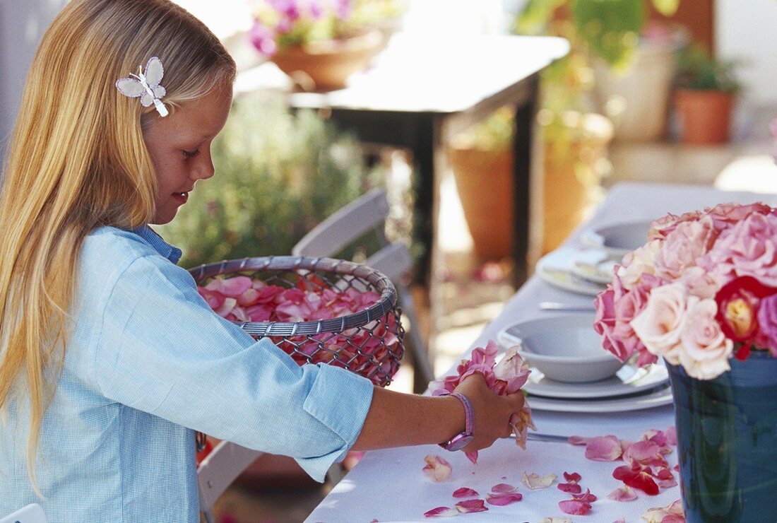 Kleines Mädchen streut rosa Blütenbläter auf gedeckten Tisch