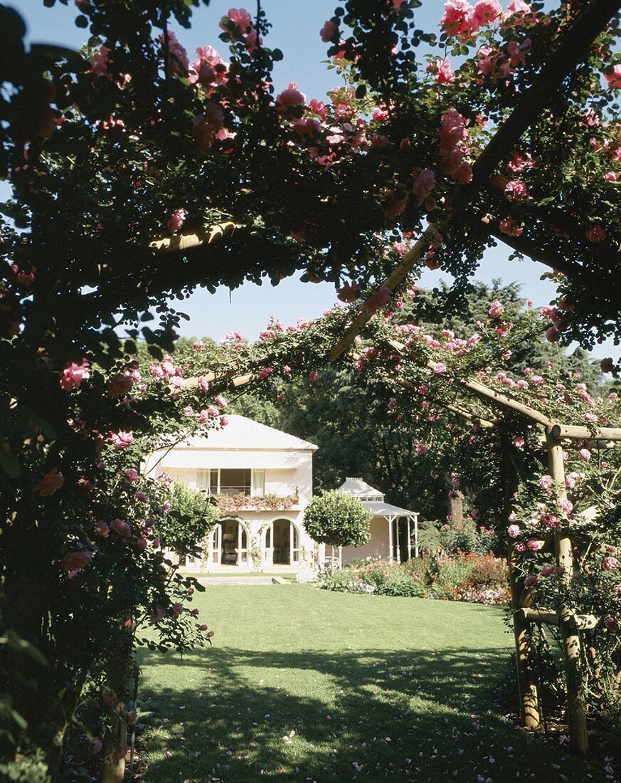 Blick vom schön angelegten Blumengang auf eine Villa
