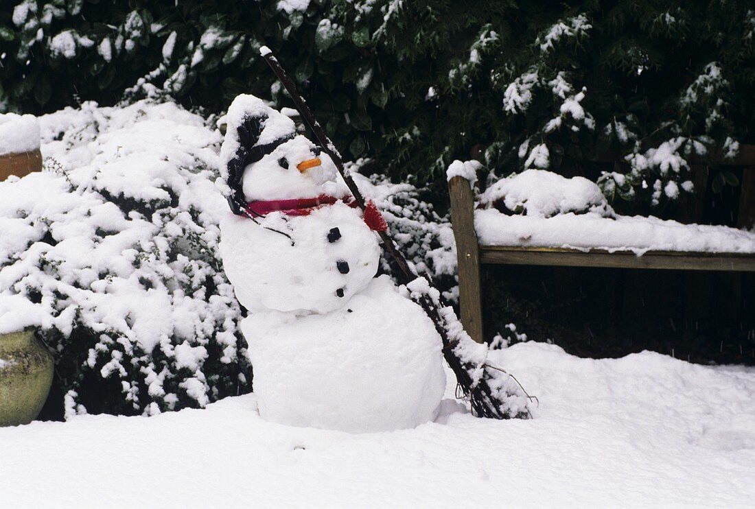 A snowman in a garden