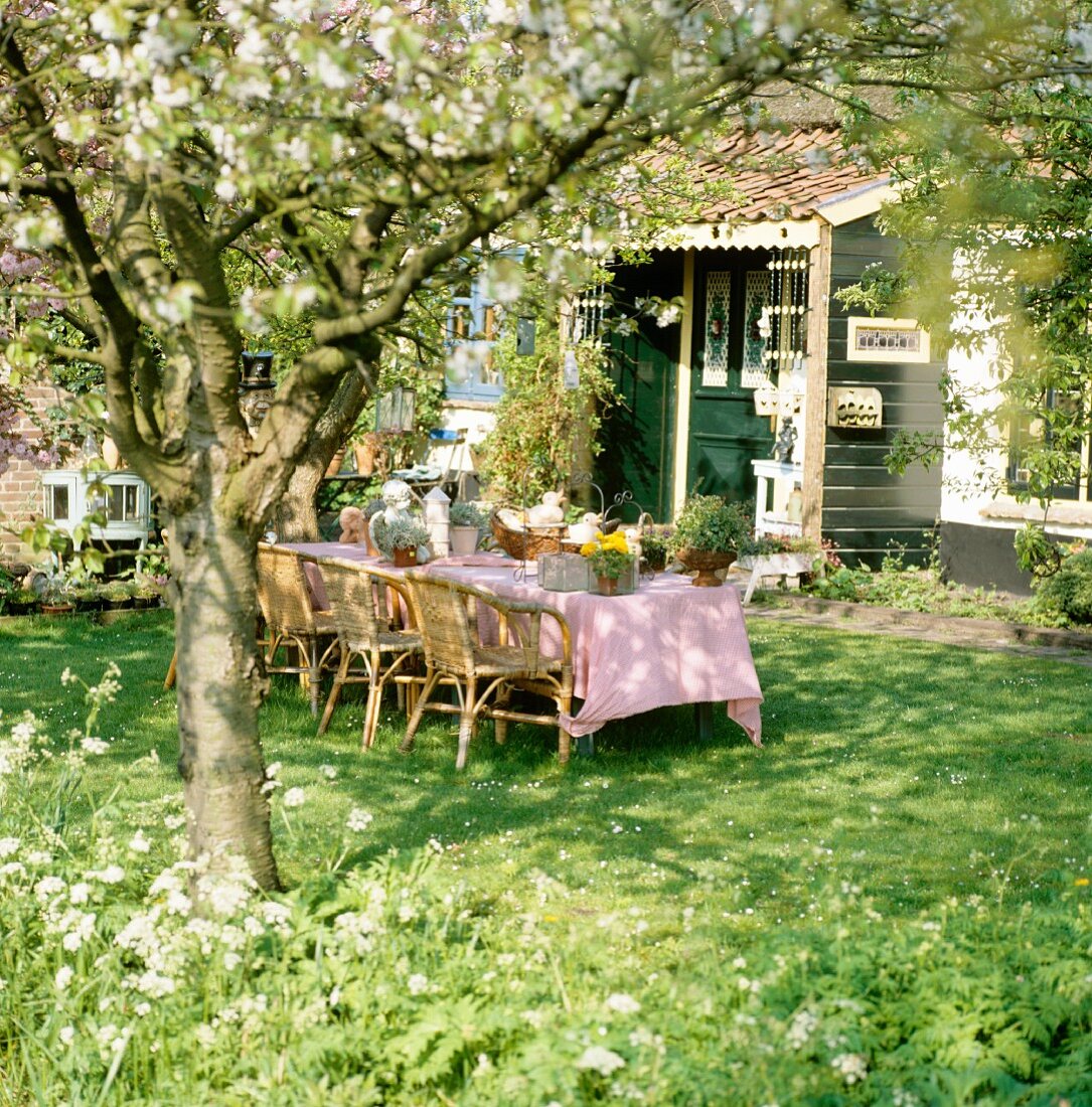Garden decorations on table under flowering tree