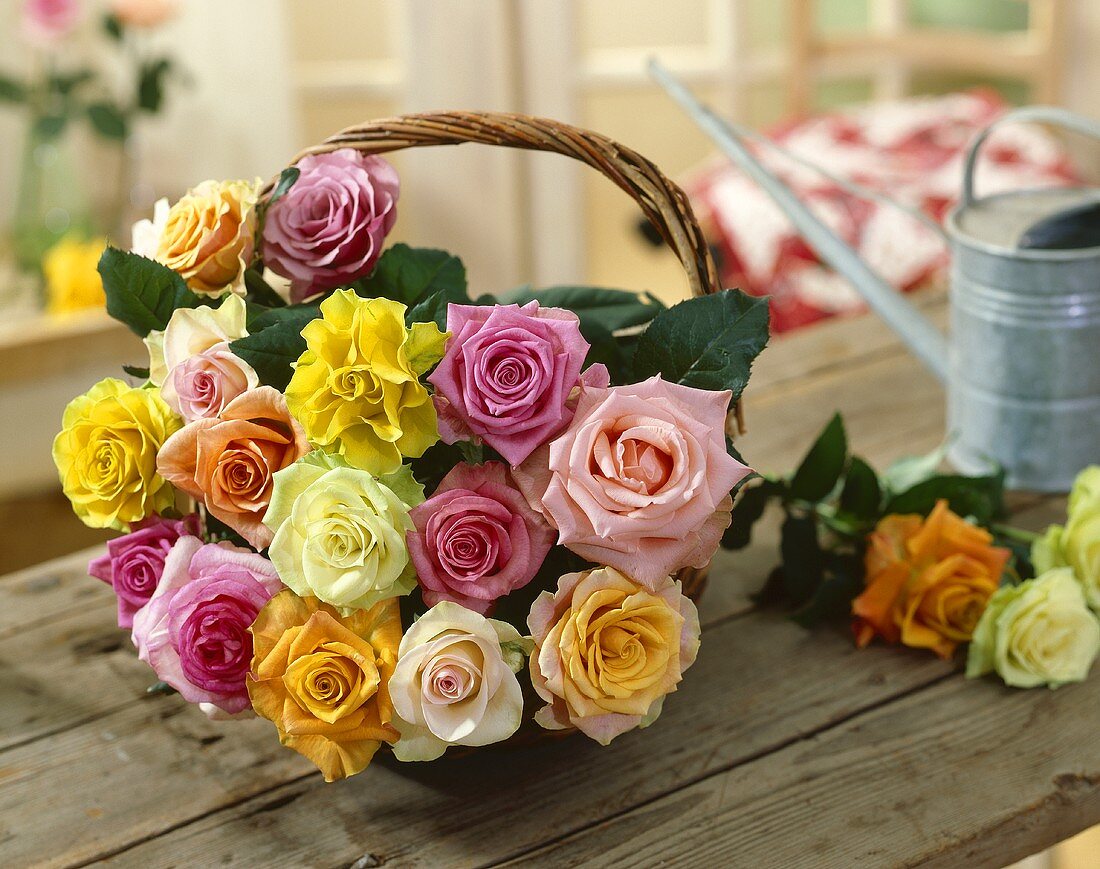 Mixed roses in a basket