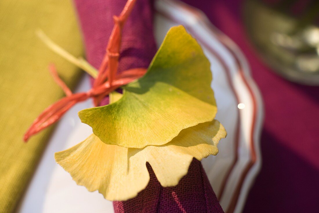 Yellow gingko leaves as table decoration