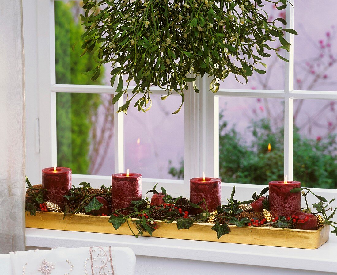 Advent arrangement: ivy, holly, spruce, mistletoe, apples, candles