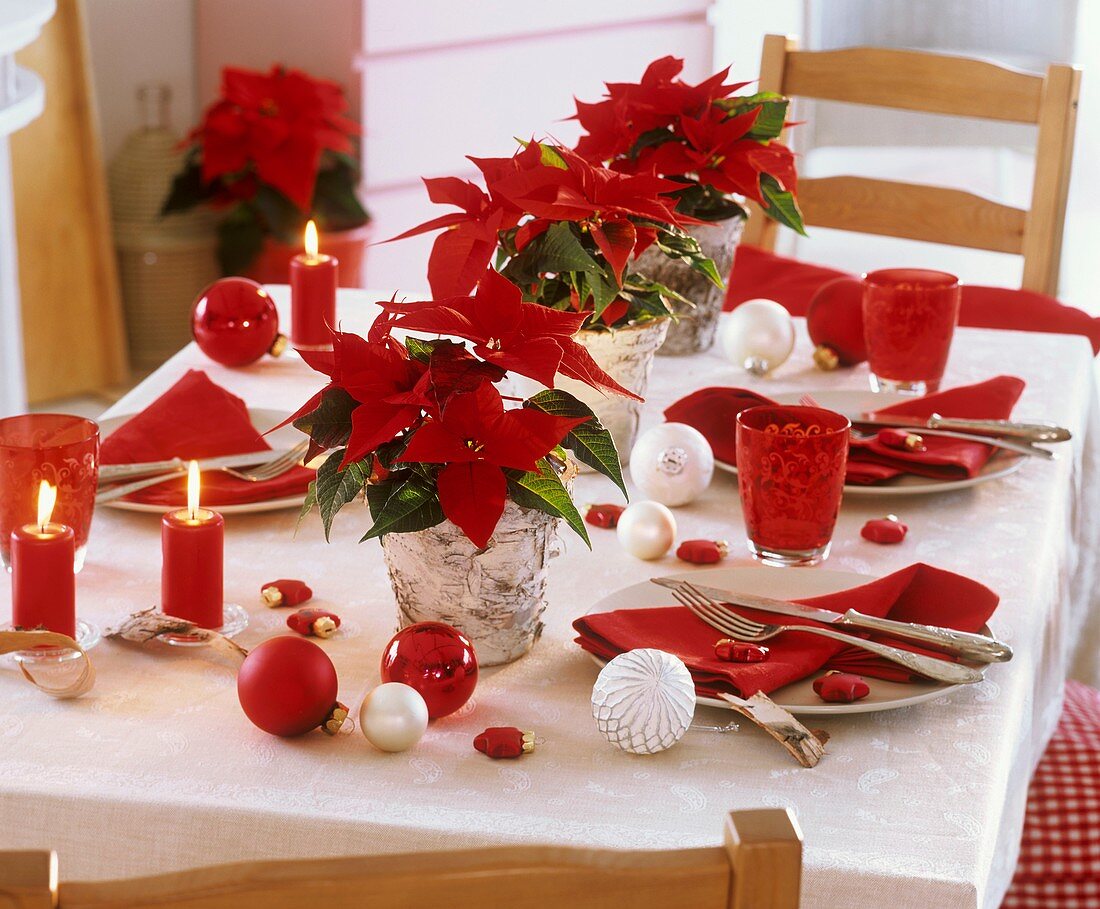 Christmas table decorated with poinsettias and baubles