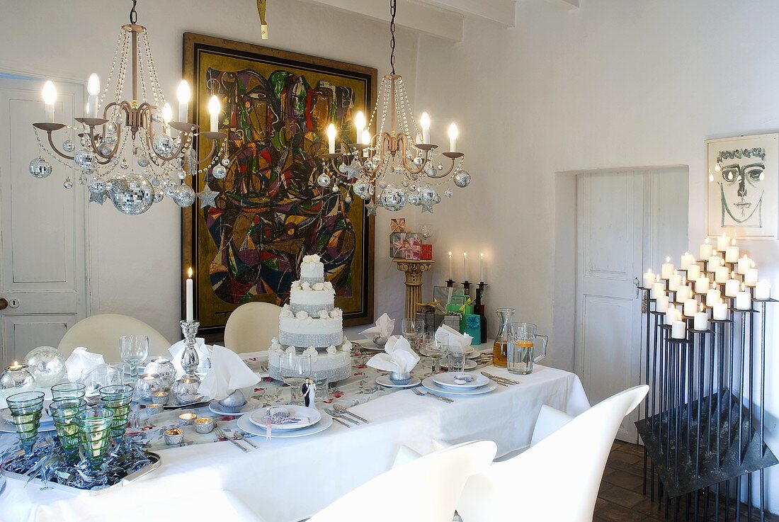 Wedding cake on laid table