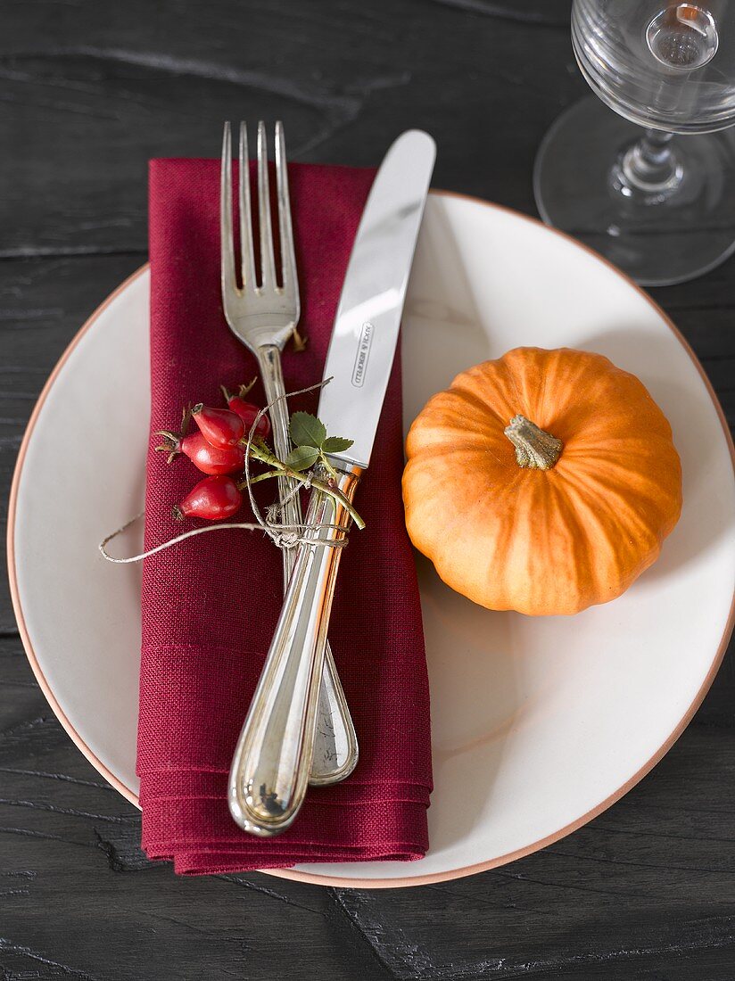 Place-setting with rose hips and pumpkin
