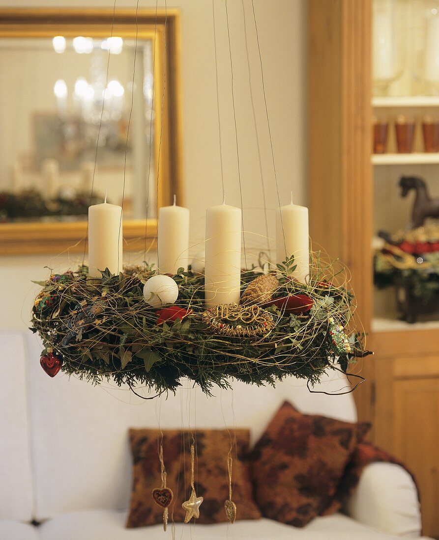 Hanging Advent wreath with white candles