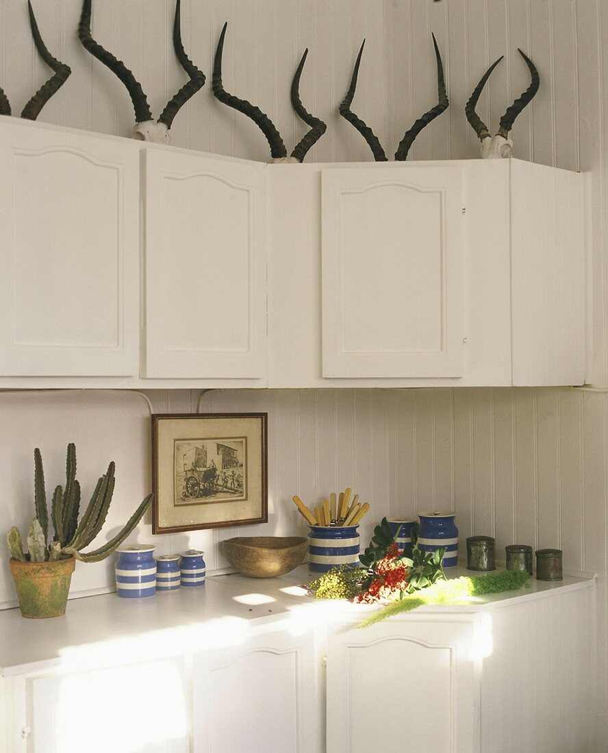 Küche in Weiß mit Tiergeweihen als Deko-Objekte auf den Hängeschränken
