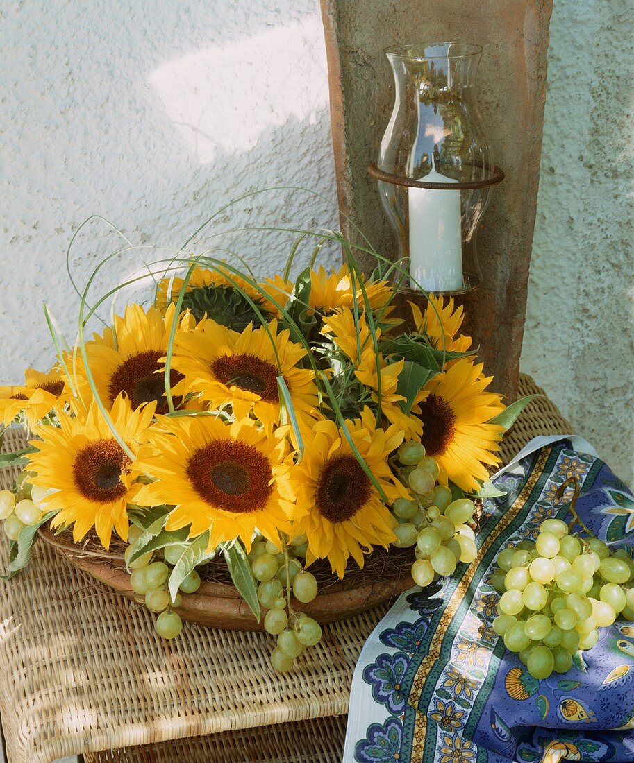 Sunflower table decoration and grapes