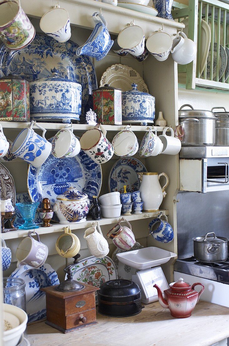A kitchen dresser with old fashioned crockery