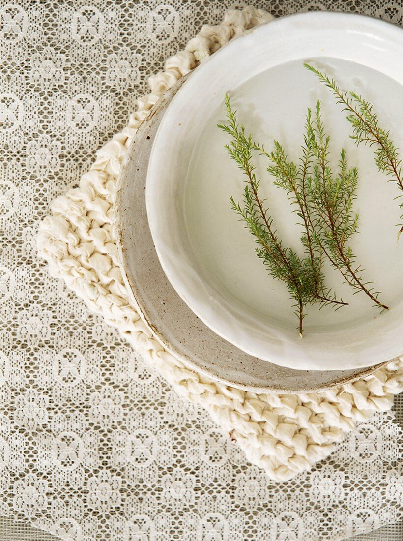 Plate on lace tablecloth