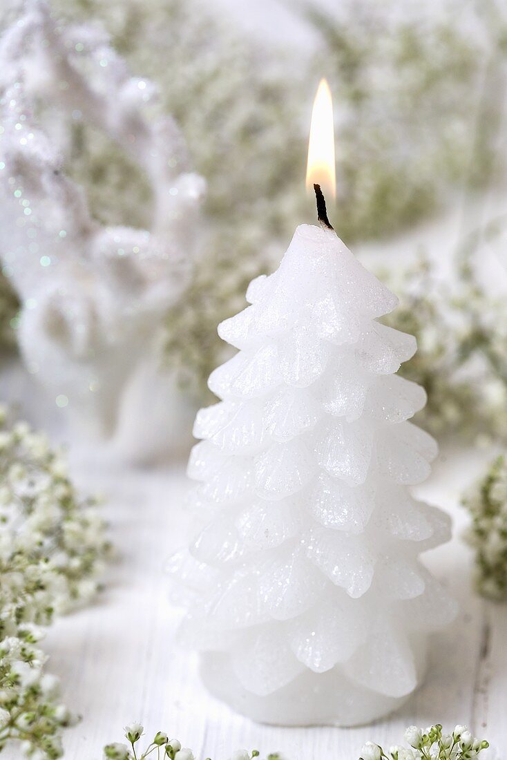 Fir cone candle among baby's breath