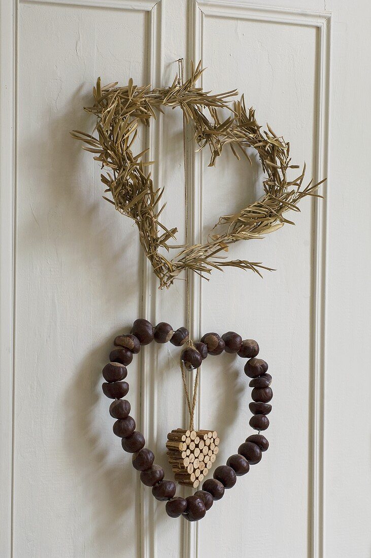 Heart-shaped wreaths on a door