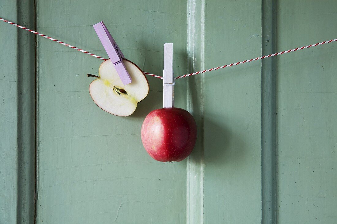 Apples hanging on a washing line