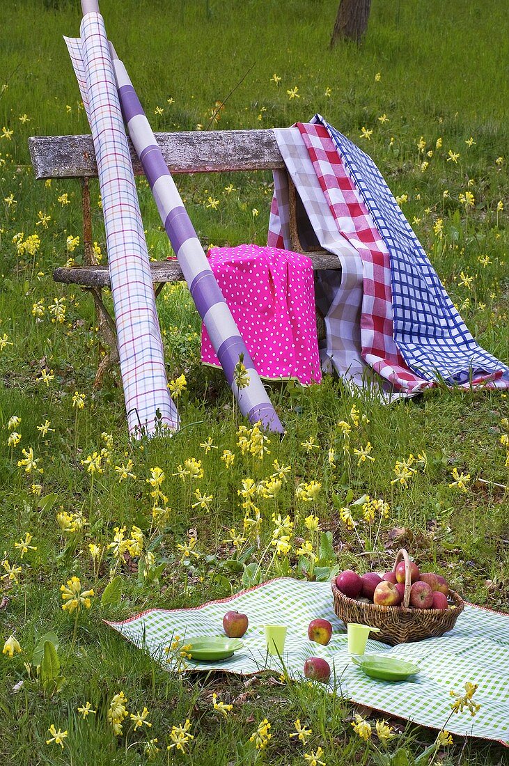Picnic cloth, various textiles and rolls of oilcloth