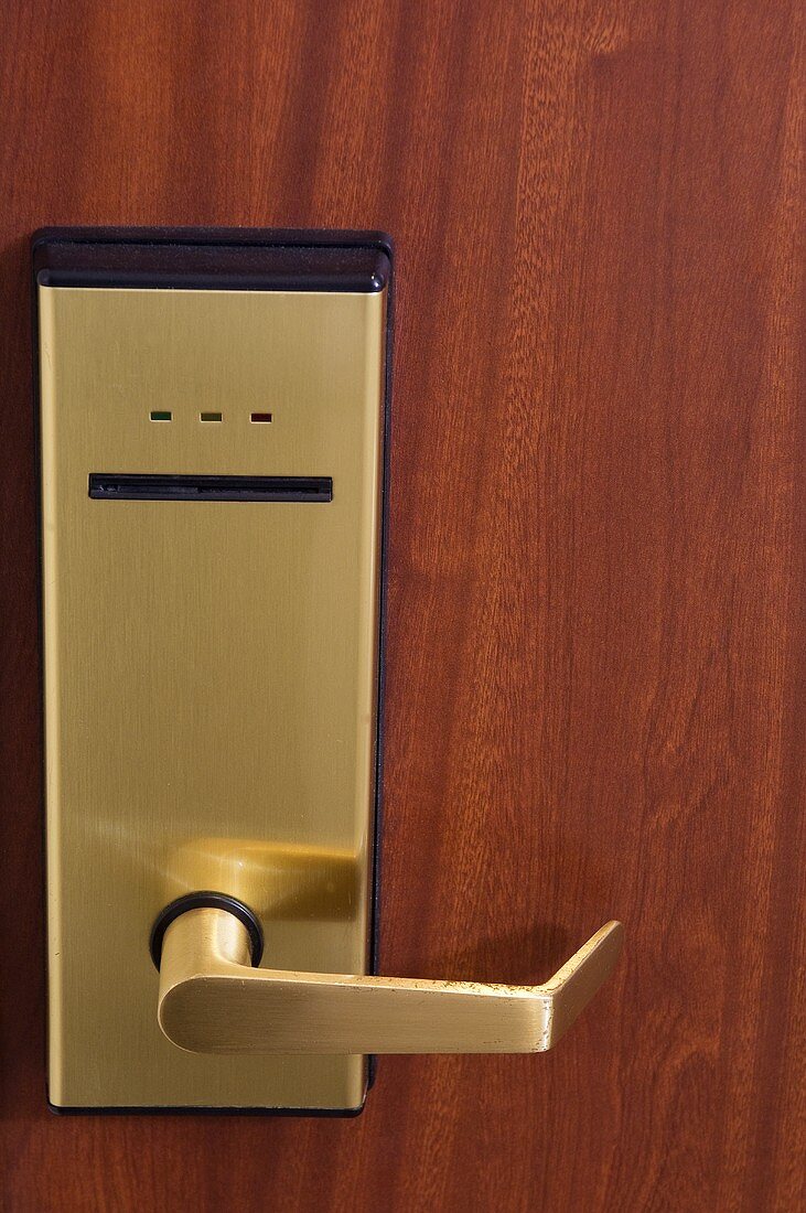 Door handle on the door of a hotel room
