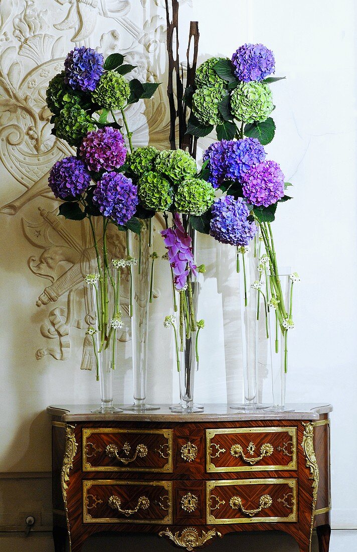 Hydrangeas on a chest of drawers