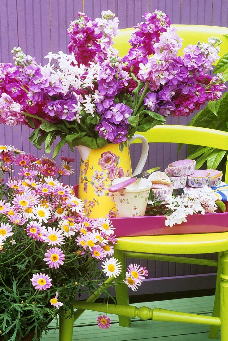 Jasminblüten und Cupcakes auf einem Stuhl