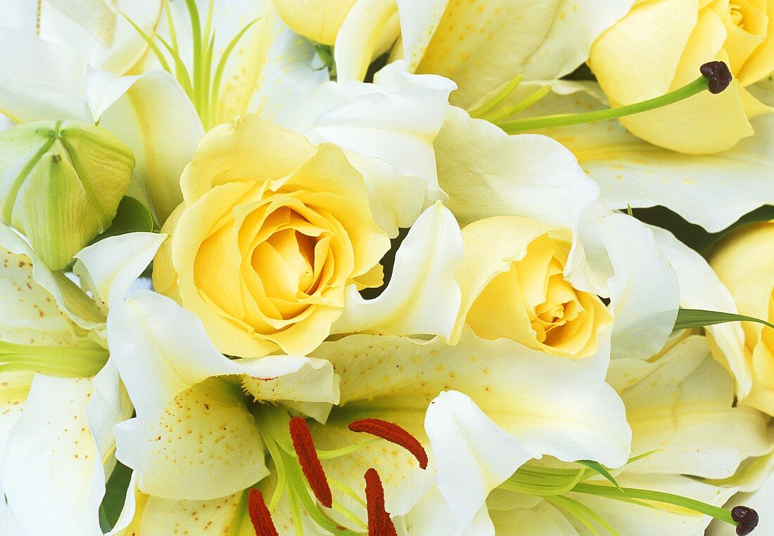 A wedding bouquet of yellow roses and white lilies