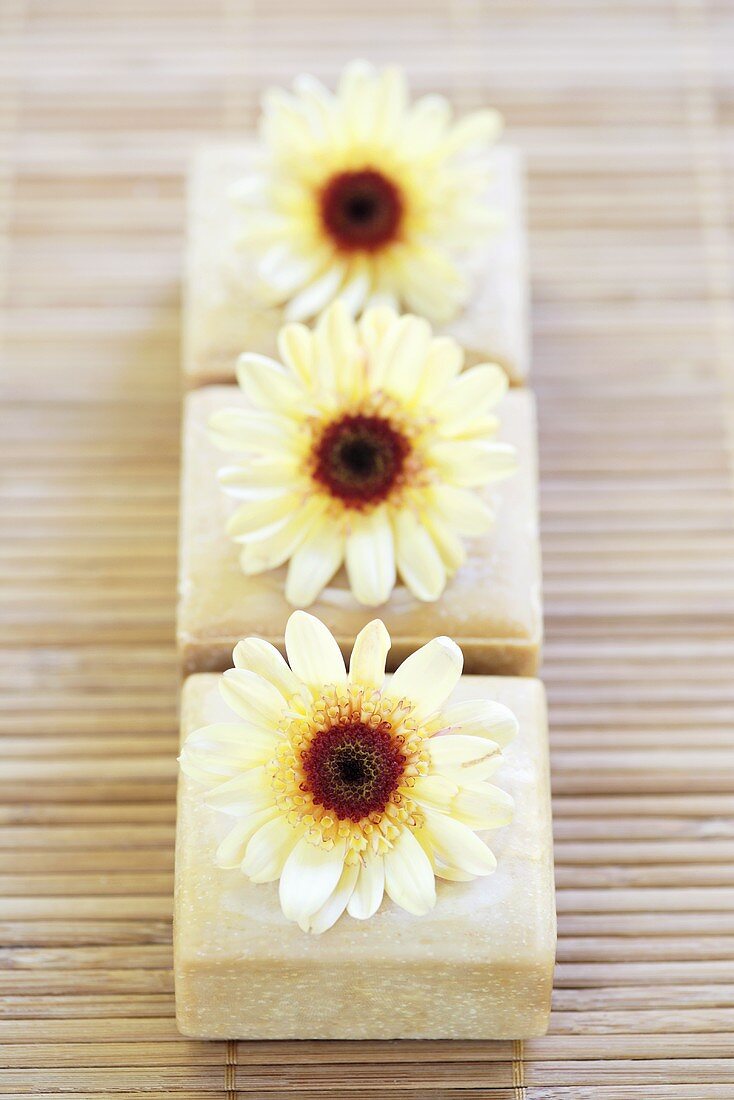 Three bars of soap with chrysanthemum flowers