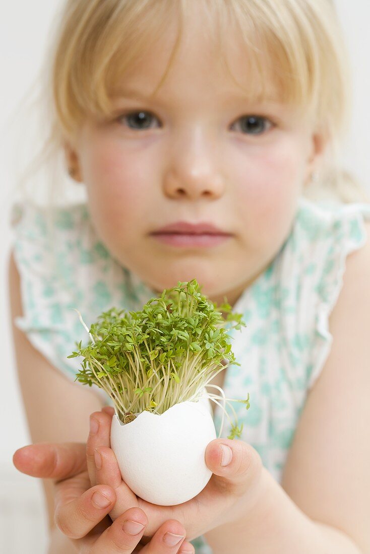 Kleines Mädchen hält Eierschale mit Kresse
