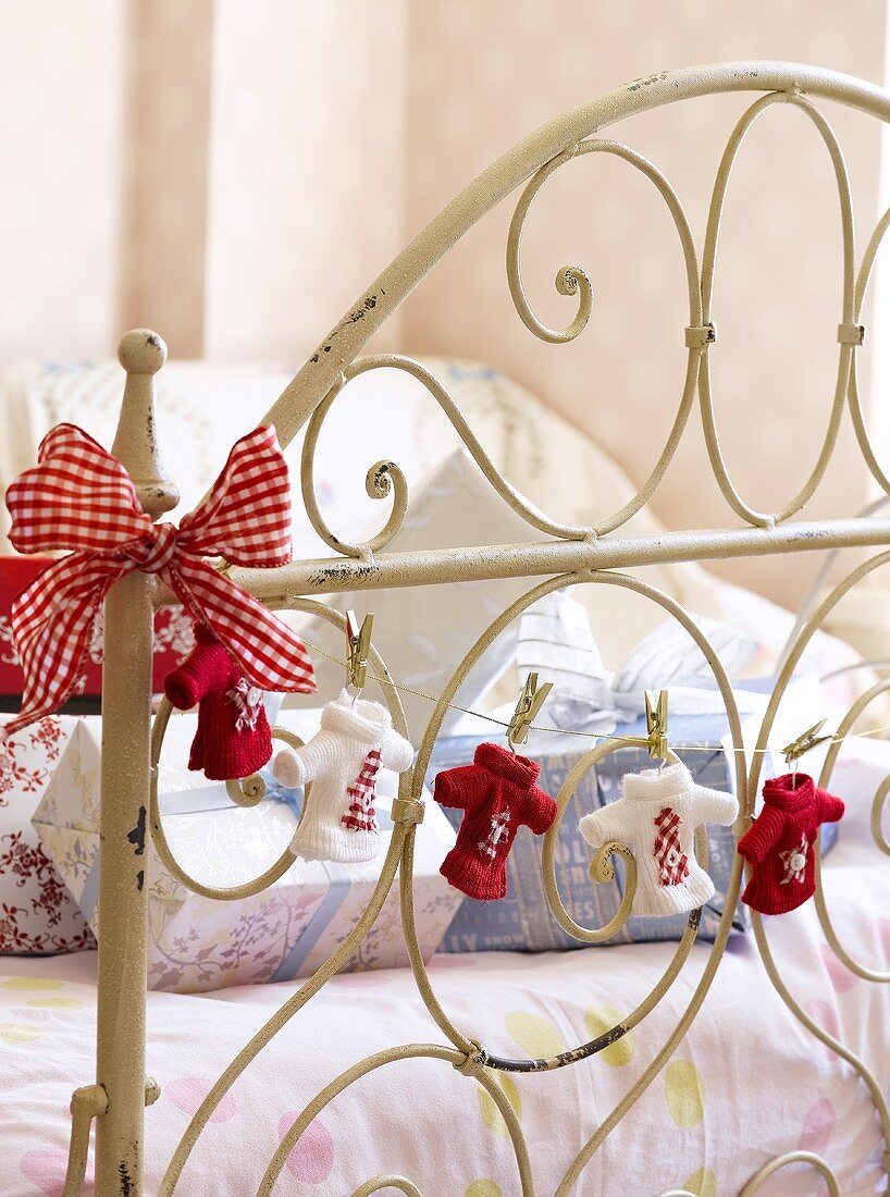 Gifts and decorations on child's bed