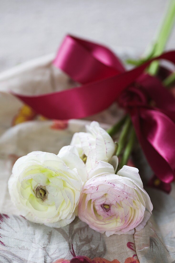 Bunch of ranunculus with red bow