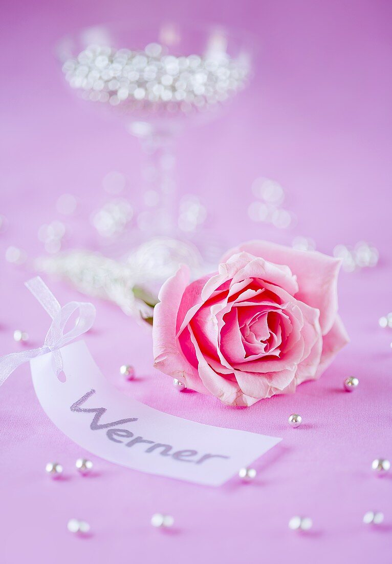 Tischdeko für eine Platzreservierung: Namensband, rosa Rosenblüte, Silberperlen