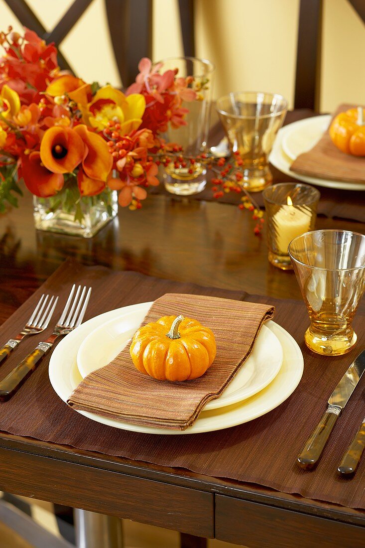 Place Setting with Gourd at Thanksgiving Dining Table