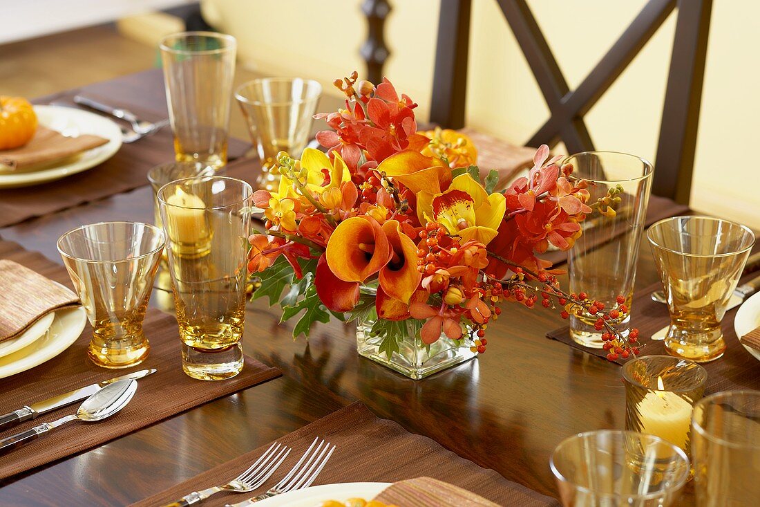 Table Set for Thanksgiving with Flower Centerpiece