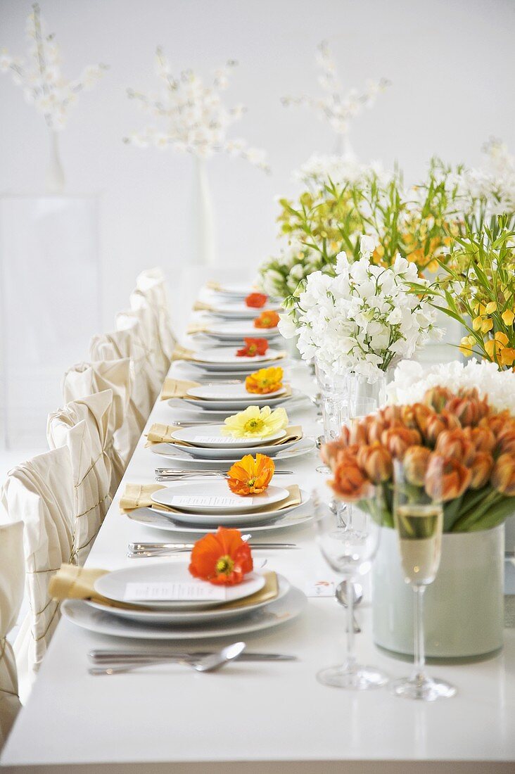 Pretty Spring Table Set with Tulips, Poppies and Assorted Spring Flowers