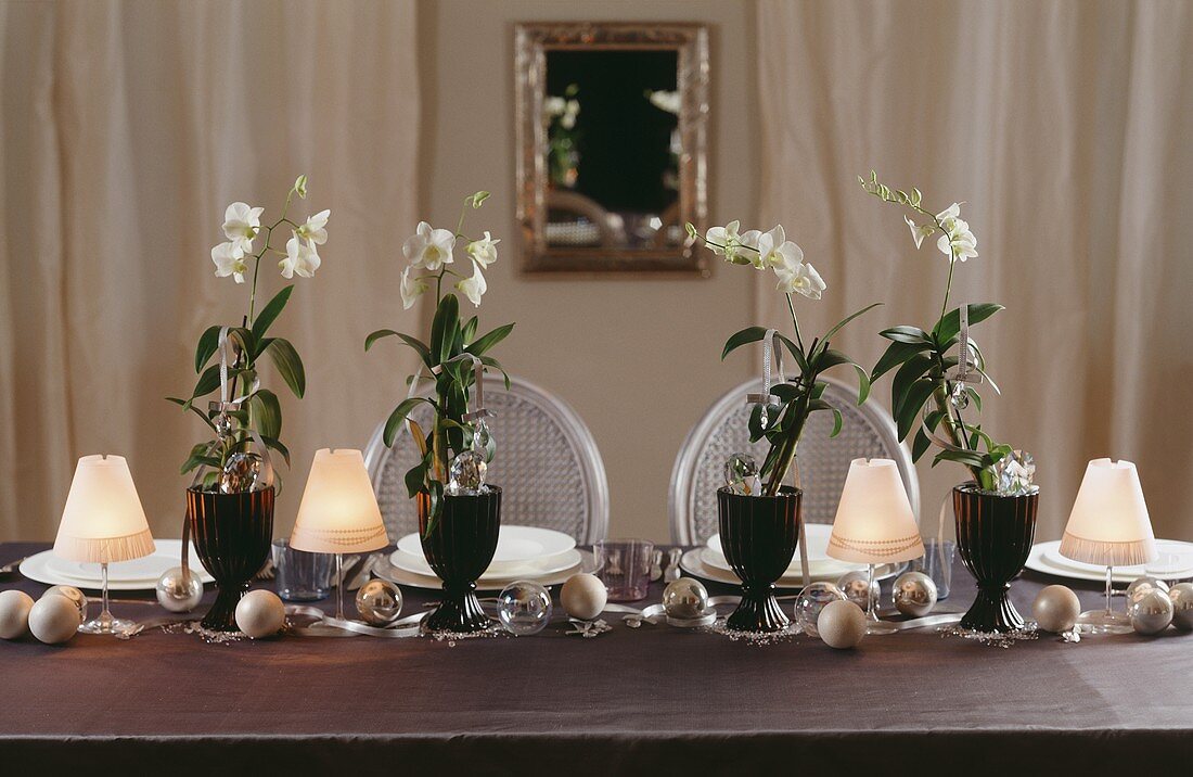 A table laid for Christmas with white orchids