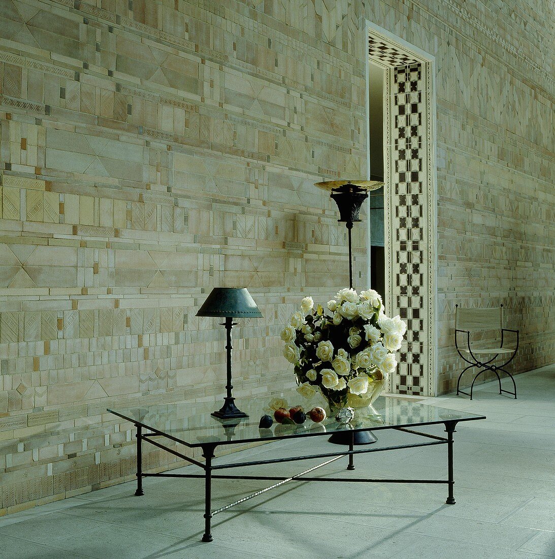 A tiled wall in a large entrance hall