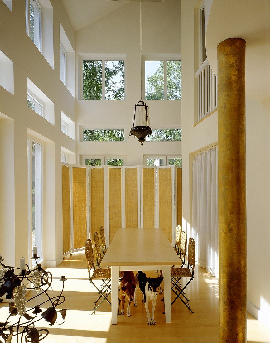 Zwei Hunde unter Esstisch in offenem lichtdurchflutetem Wohnraum mit hohen Decken, Säule & zahlreichen Fenstern