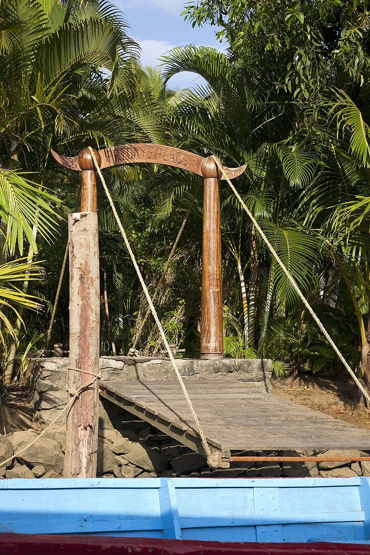 A wooden drawbridge at the edge of the jungle
