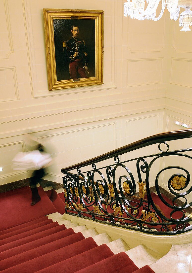 Treppenaufgang in einem Herrschaftshaus mit rotem Teppichläufer