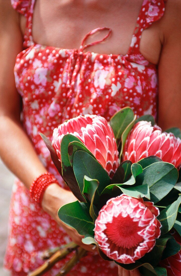 Frau hält Blumenstrauss mit Protea