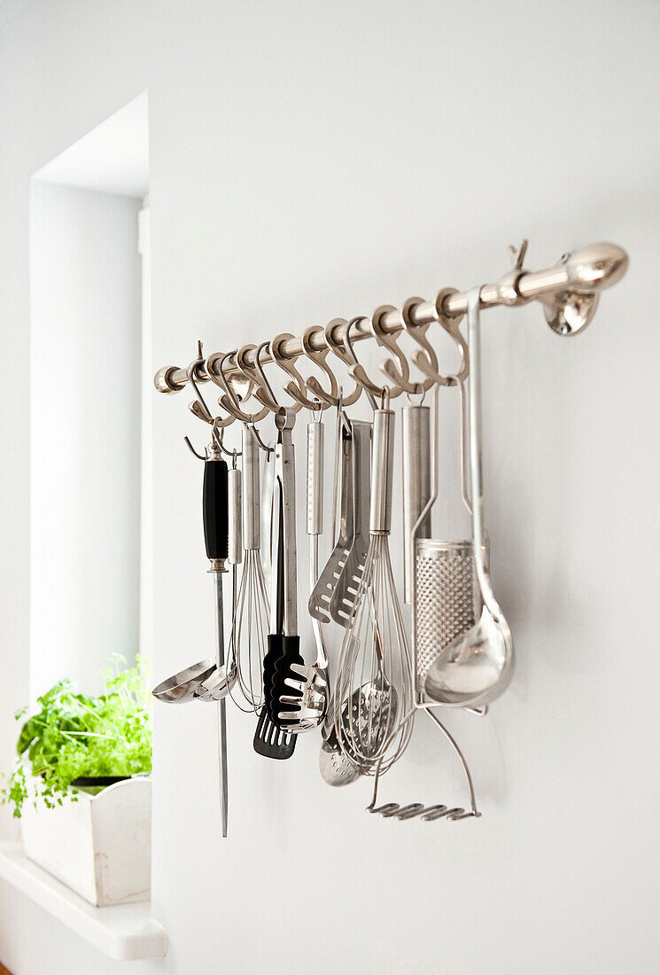 Kitchen utensils on the wall, Kitchen furnished in country style, Hamburg, Germany