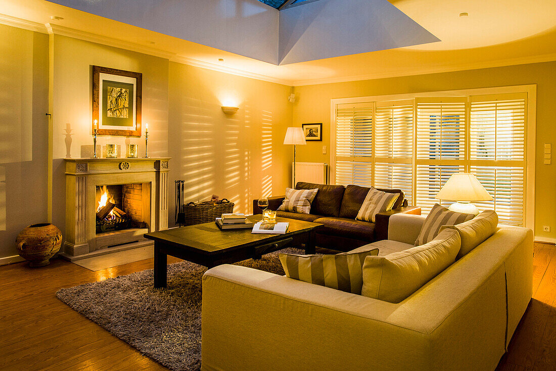 Living room with fireplace, Hamburg, Germany