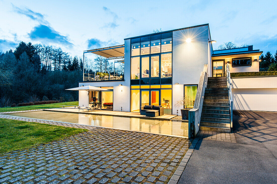 Bauhaus villa at dusk, Sauerland, Germany